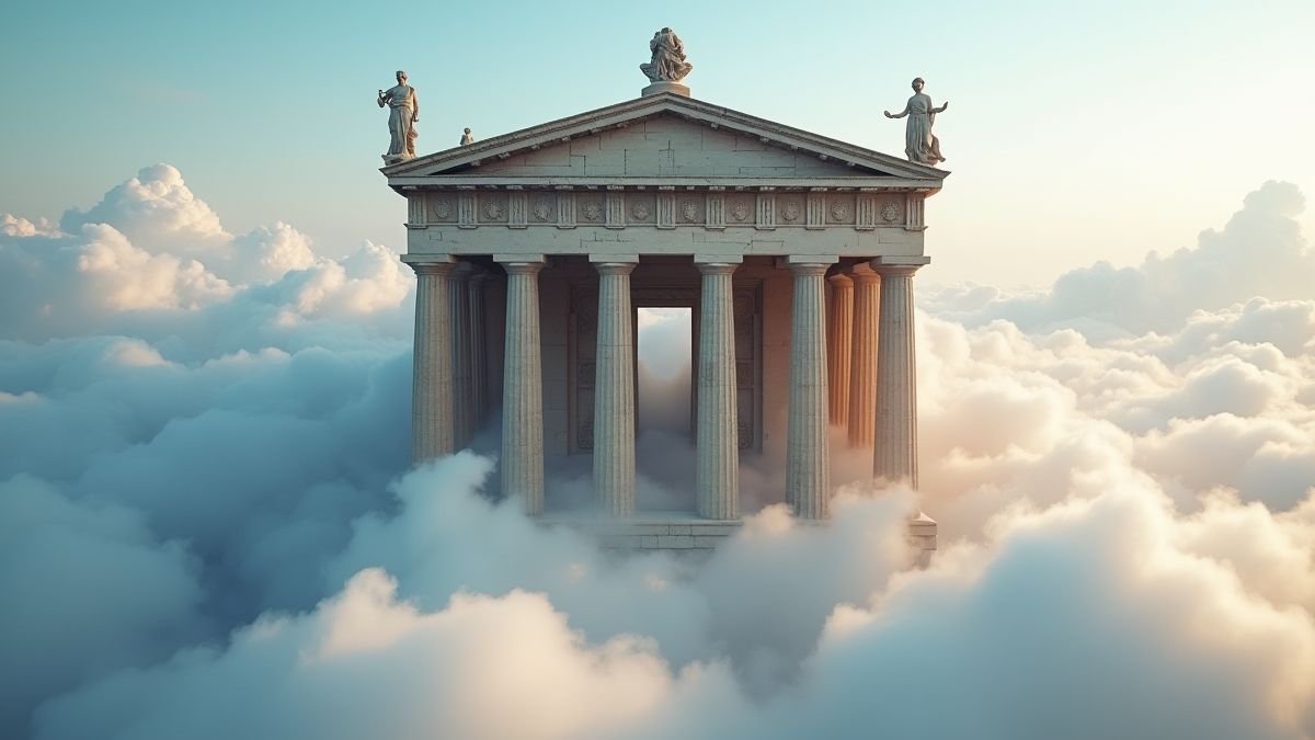 Grieks tempel omringd door wolken met standbeelden van Zeus en Athena.