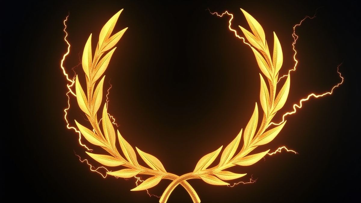 Een gouden laurierkrans omringd door bliksemschichten.
