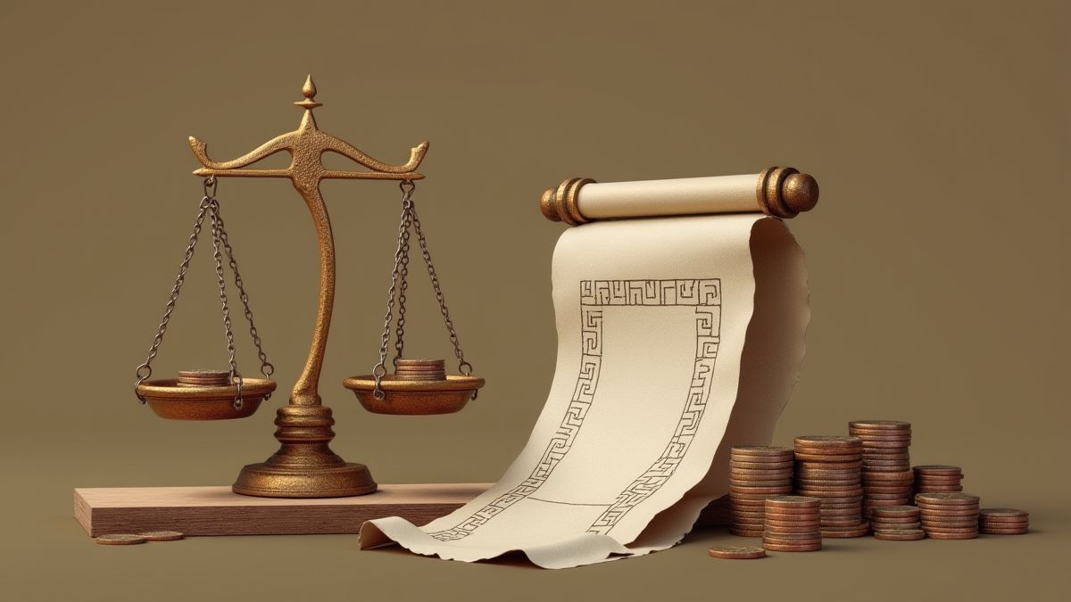 Een schaal die munten en een perkament met Griekse symbolen in evenwicht houdt.