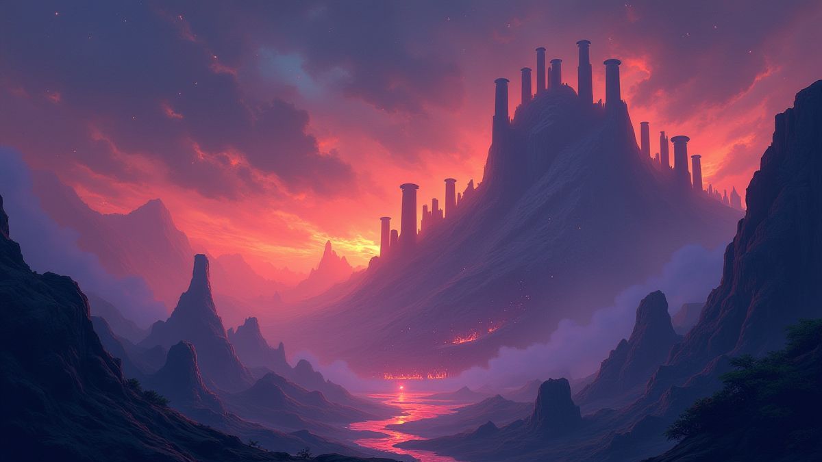 Episch landschap van de berg Olympus met gloeiende pilaren en mystieke lichten.