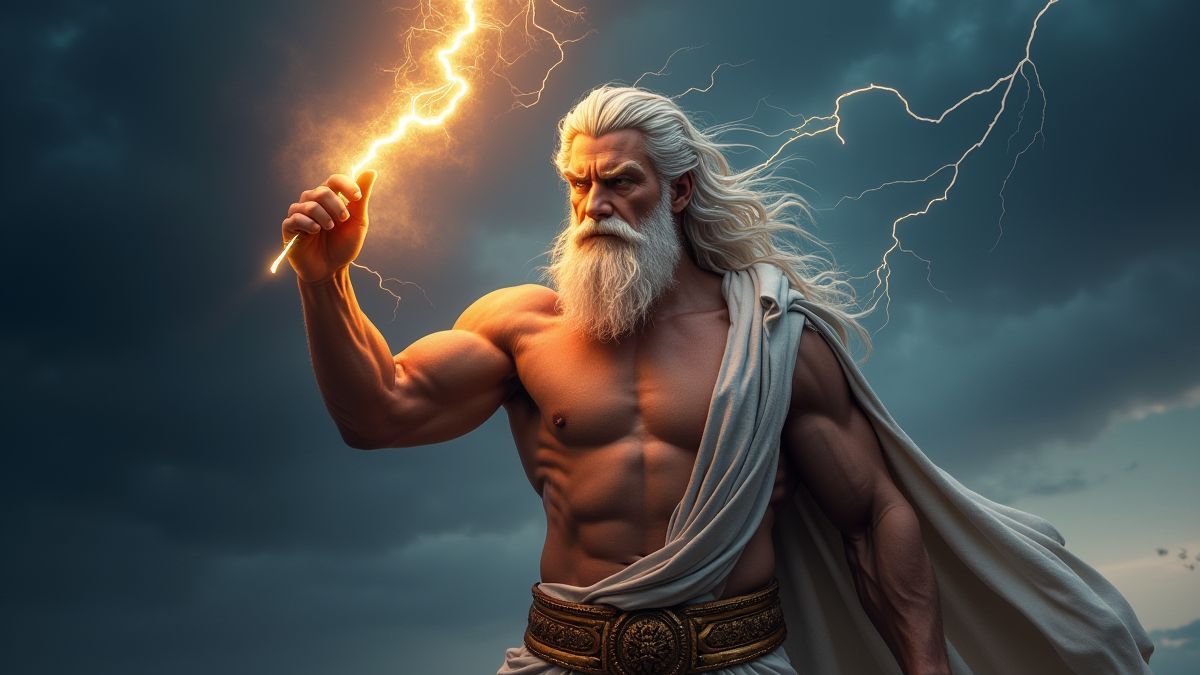 Zeus die een bliksemschicht vasthoudt in een stormachtige lucht.