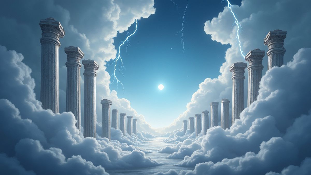 Colunas de mármore rodeadas de nuvens e raios.