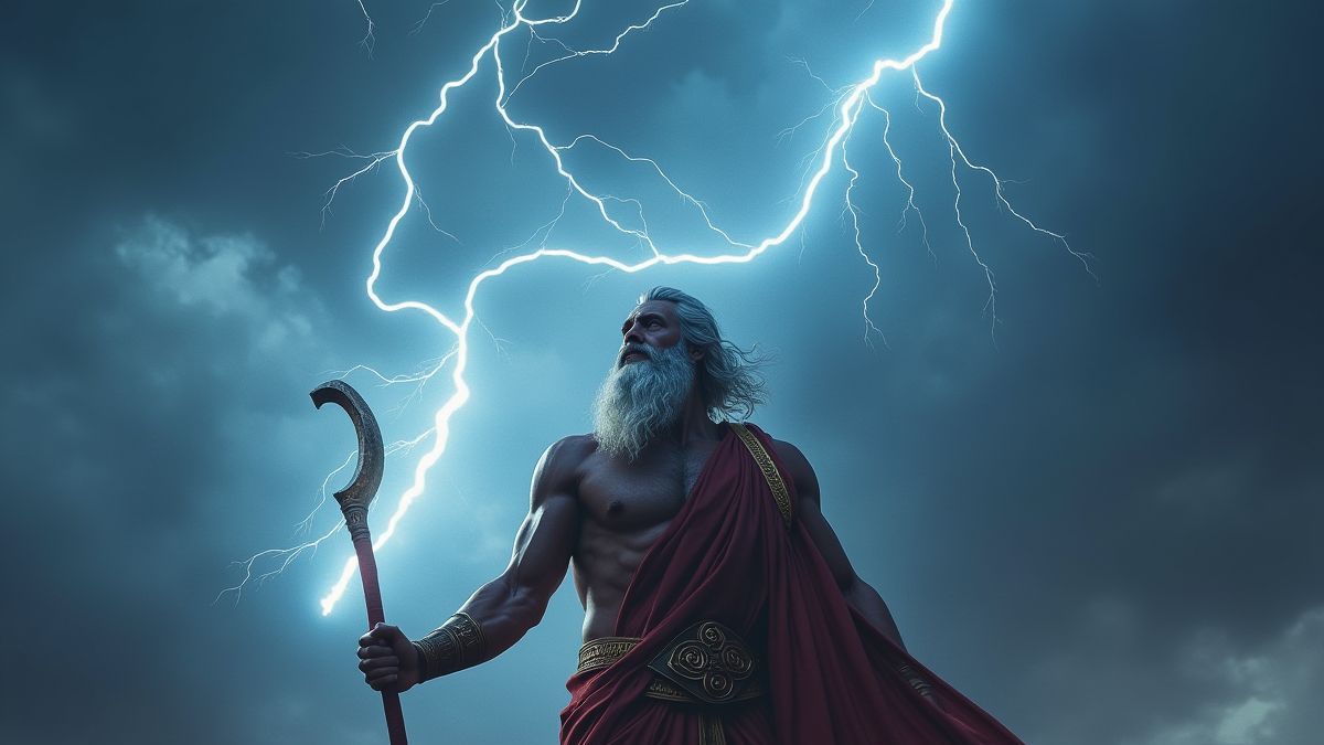 Zeus segurando um raio com um céu dramático ao fundo.