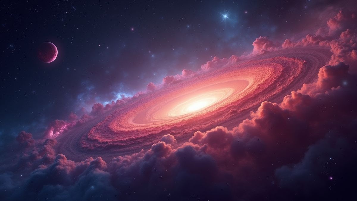 Nebulosa brillante con estrellas y planetas en el fondo.