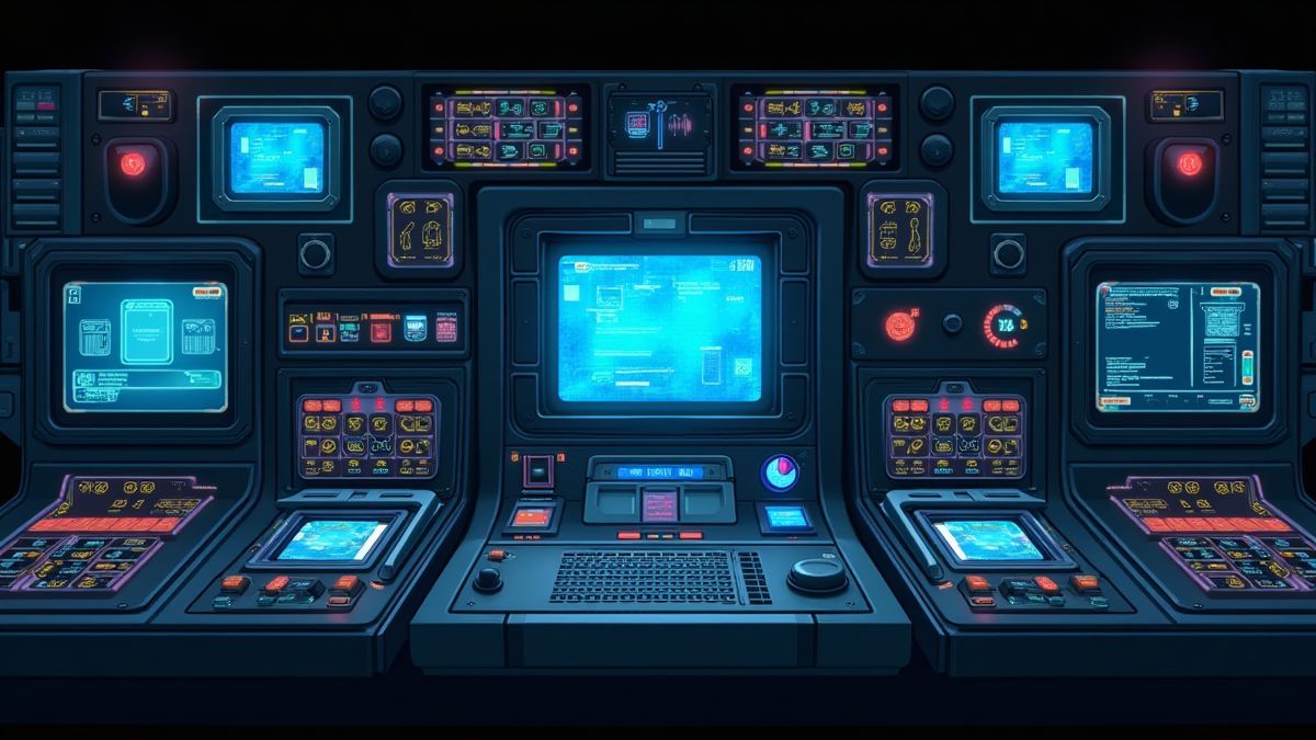 Panel de control futurista con botones brillantes y pantallas.