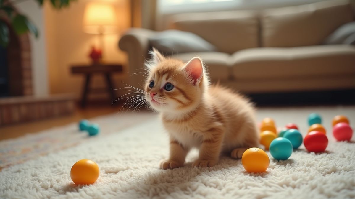 Un salon accueillant avec des jouets colorés et un chaton joueur.