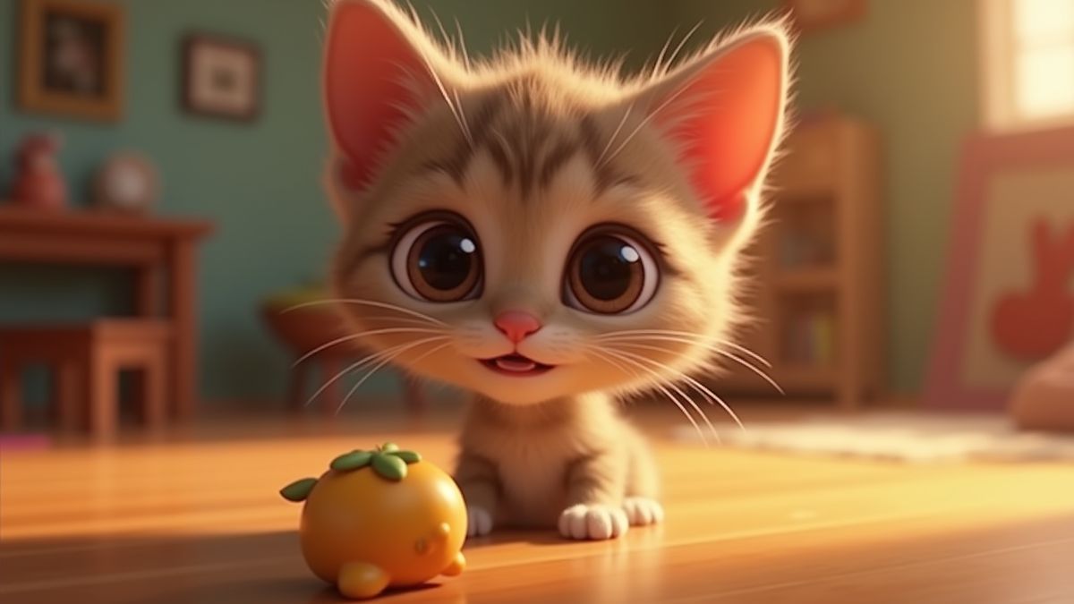 Un chaton curieux regardant par derrière un jouet.