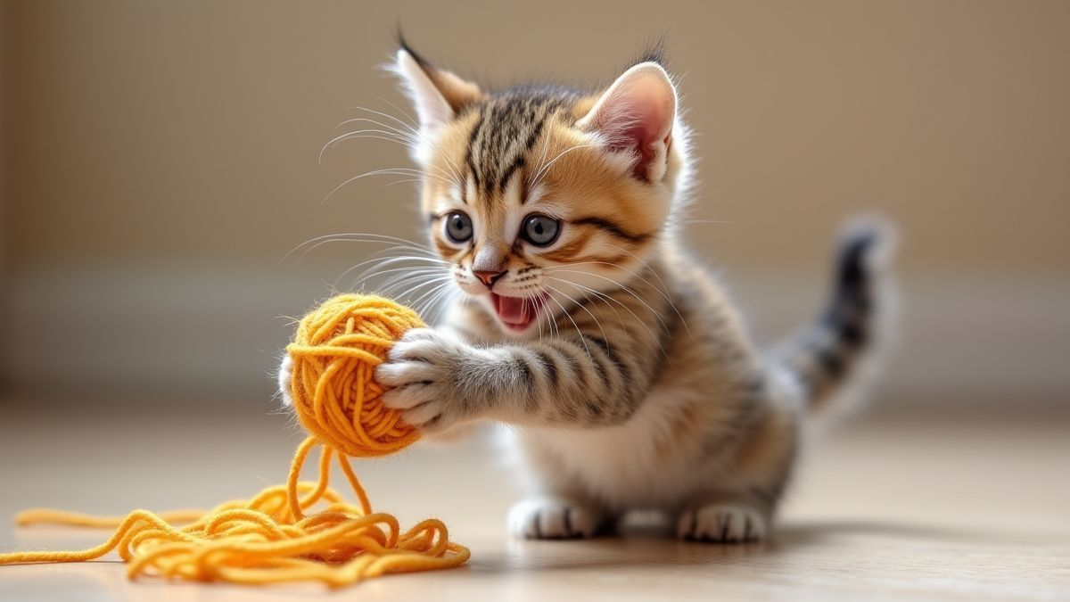 Un chaton joueur jouant avec un pelote de laine.