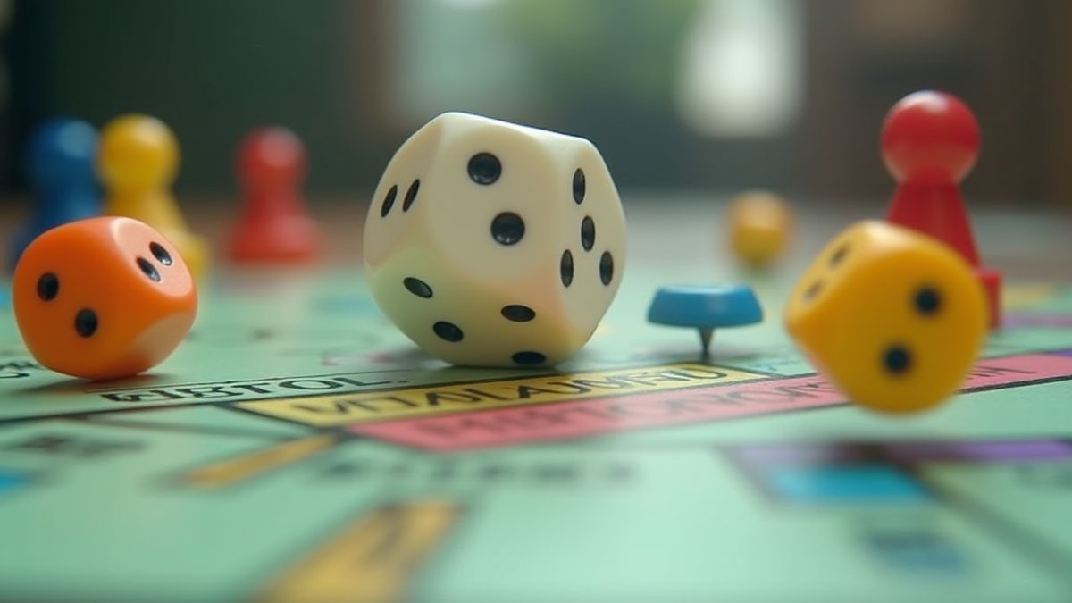 Dados animados en un tablero de Monopoly con fichas coloridas.