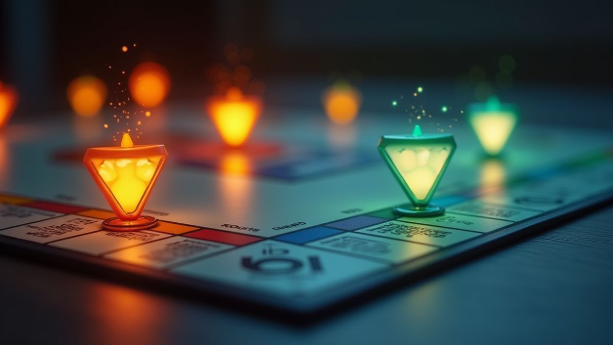 Tablero de Monopoly con fichas y iconos de recompensa brillantes.
