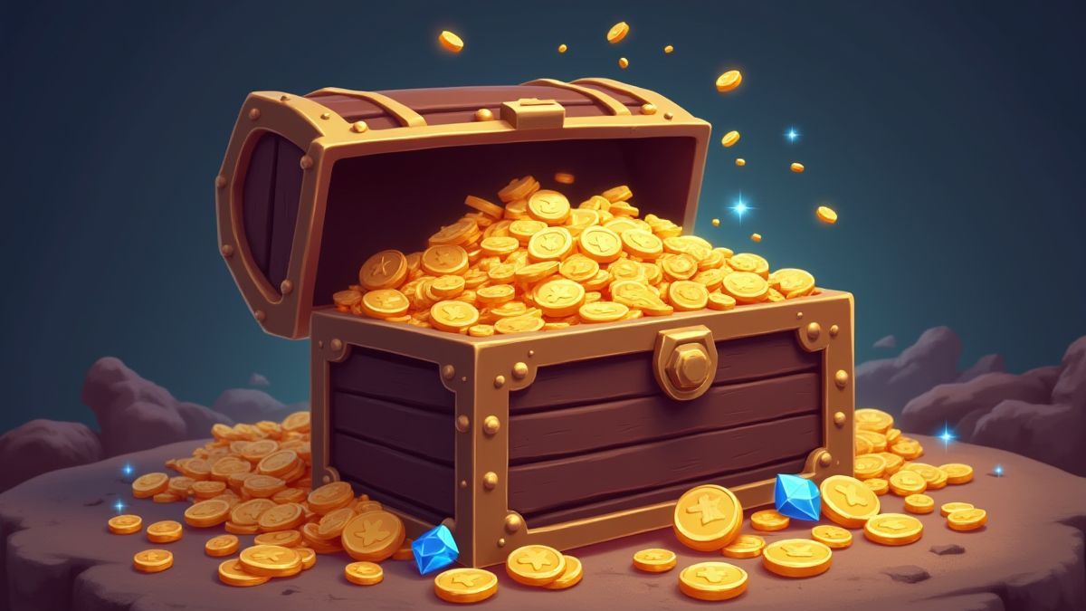 Un coffre au trésor rempli de pièces et de gemmes scintillantes
