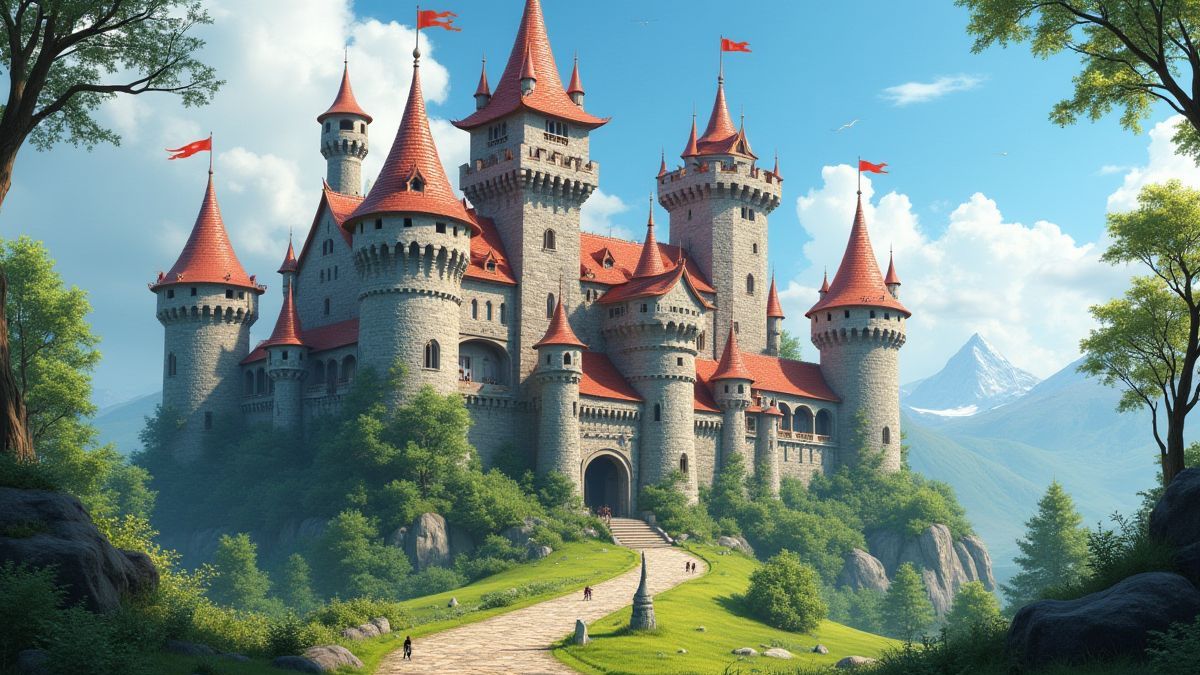 A medieval castle surrounded by lush vegetation and details like towers and flags.
