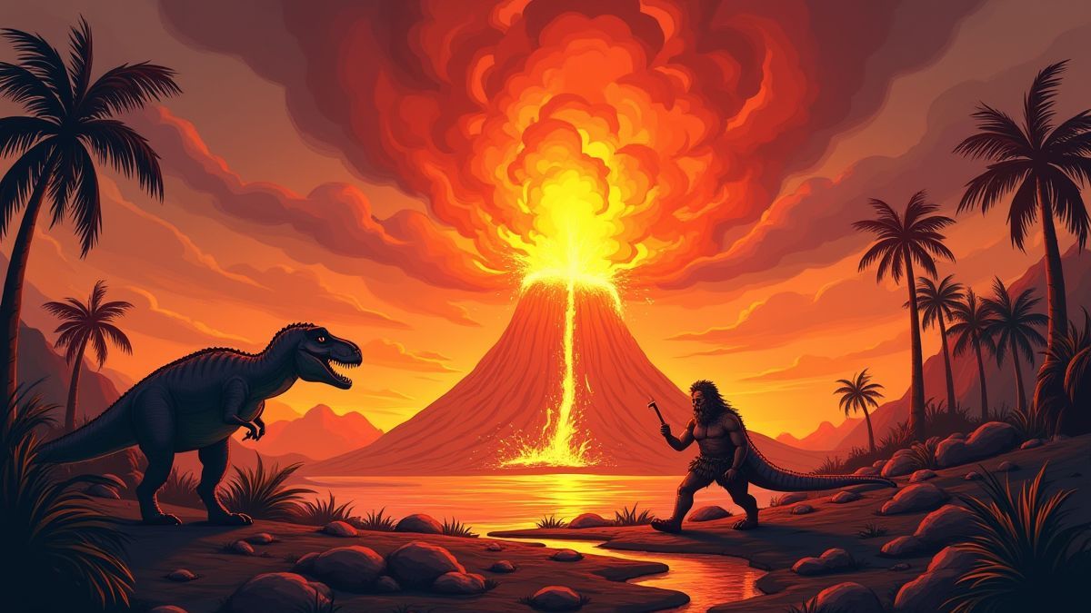 Un volcan en éruption avec des dinosaures et un cavernicole caché.