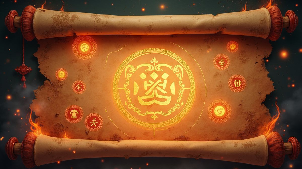 Magische Schriftrolle mit leuchtenden Symbolen im asiatischen Stil.