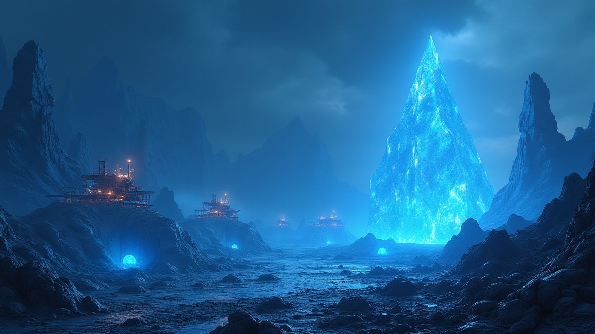 Paisaje de un planeta alienígena con cristales brillantes y maquinaria minera futurista.