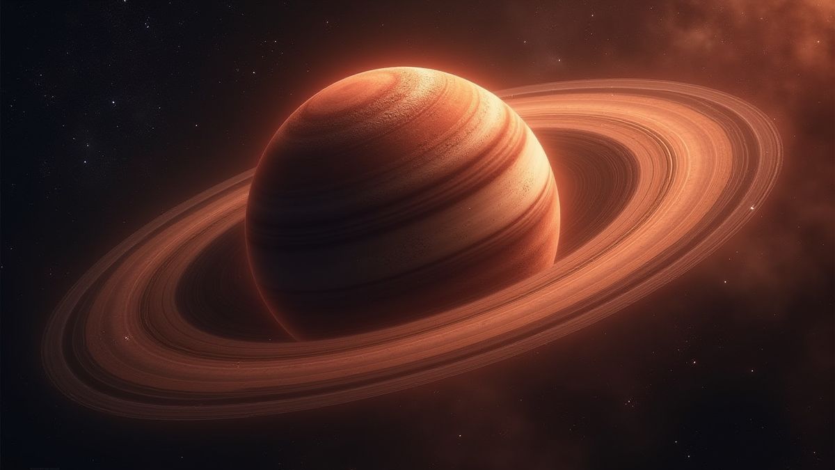 Un planeta similar a Saturno rodeado de polvo cósmico y estrellas.