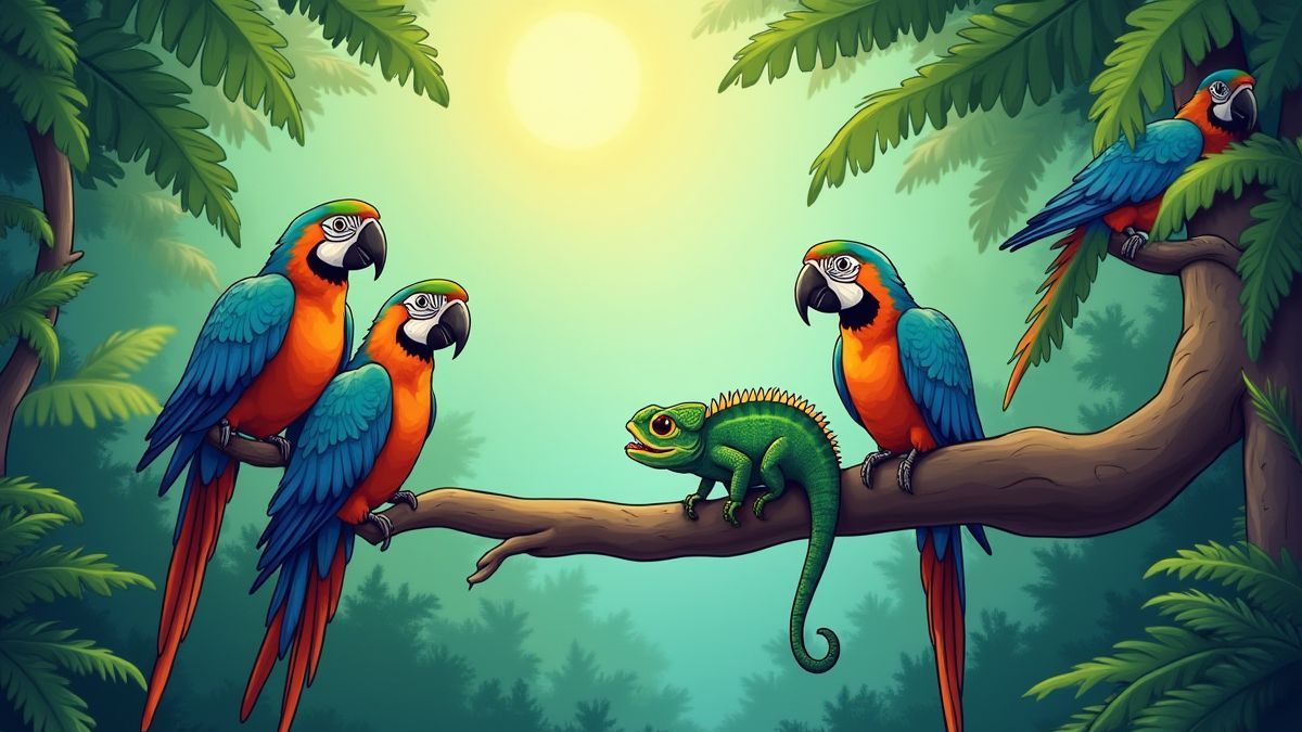 Scène de jungle avec des perroquets et des caméléons.