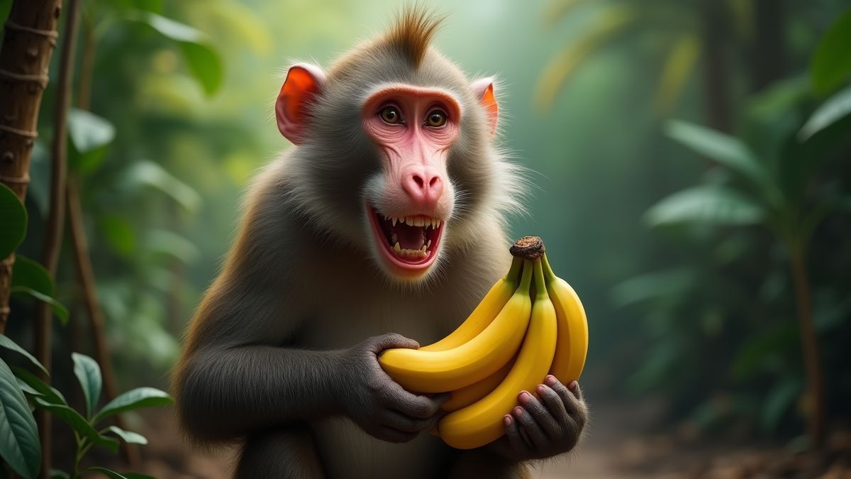 Babouin joyeux avec des bananes dans la jungle.