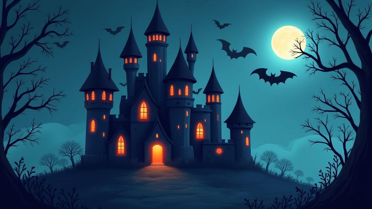 Un castillo vampírico animado con ventanas brillantes y murciélagos volando.