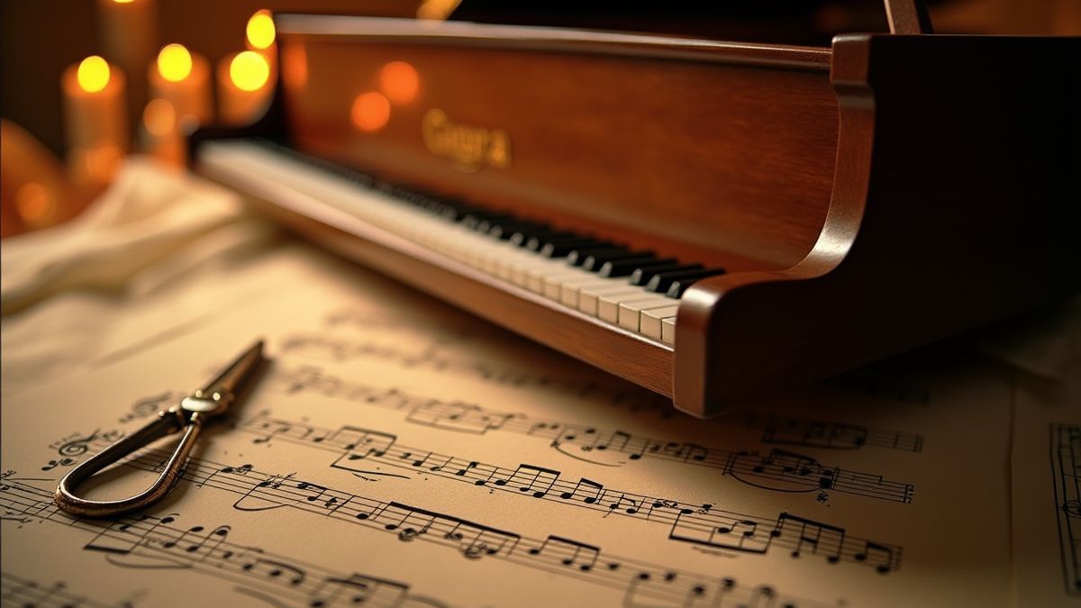 Flügel und Noten in einem Opernambiente.