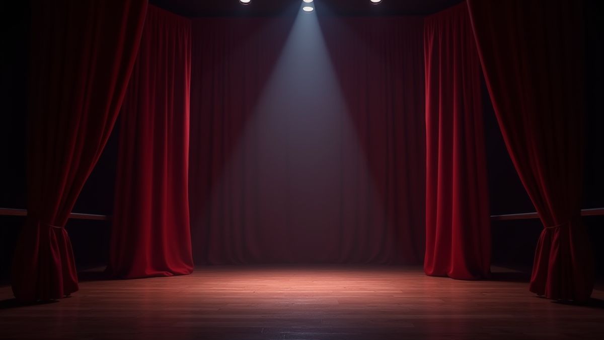 Theaterbühne mit dramatischer Beleuchtung und Samtvorhängen.