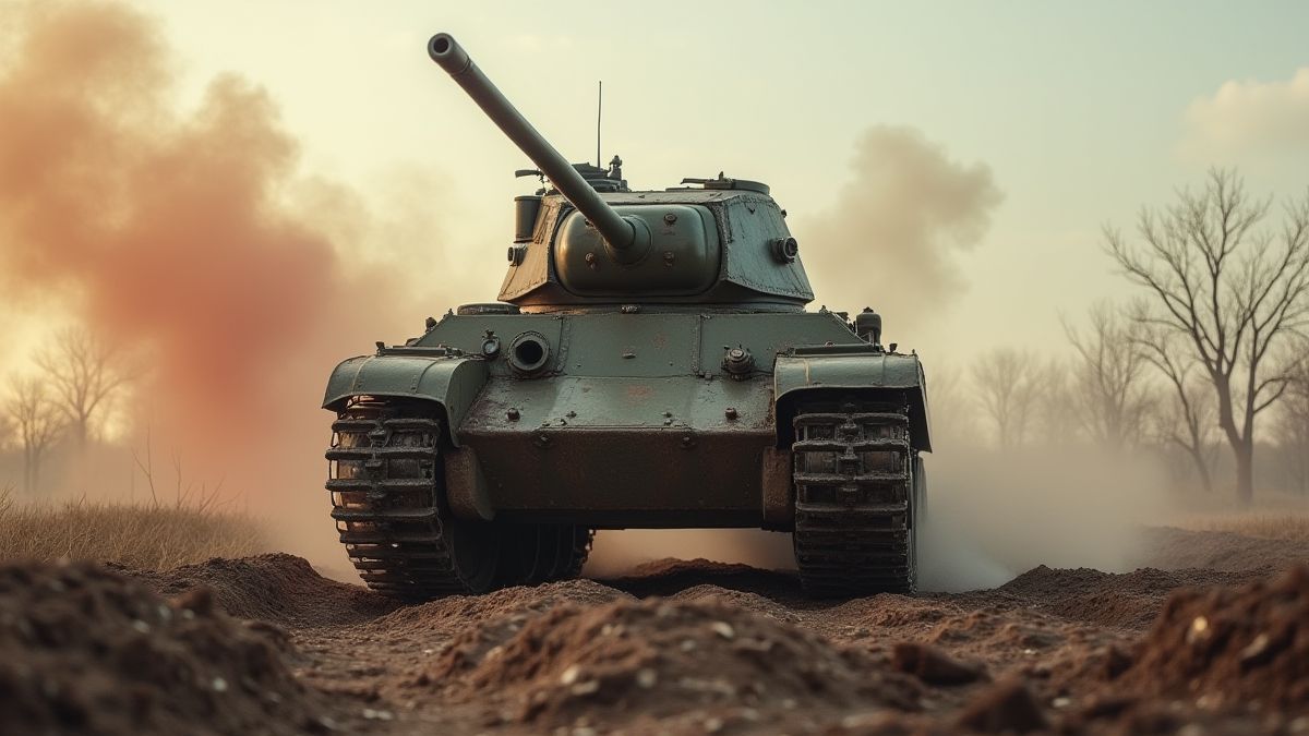 Char dans un champ de bataille de la Seconde Guerre mondiale.