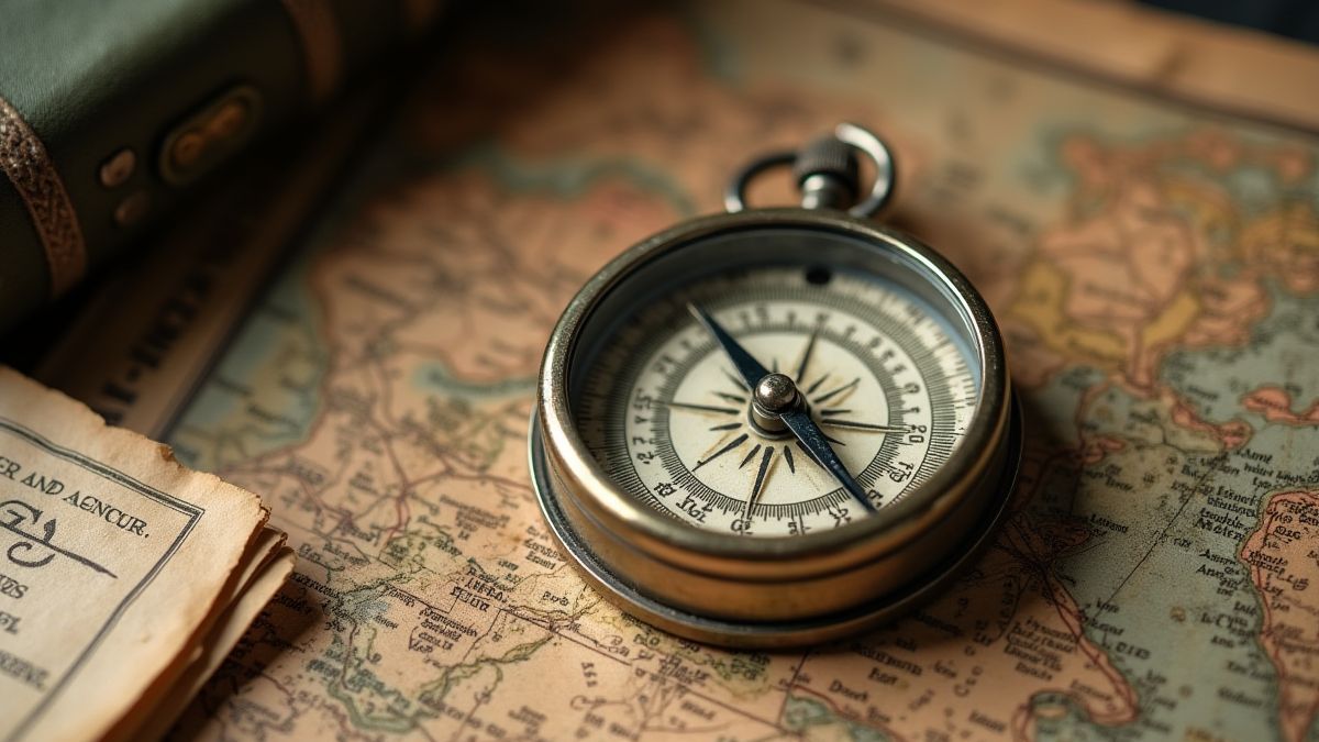 Equipamiento militar vintage como una brújula y mapas antiguos.