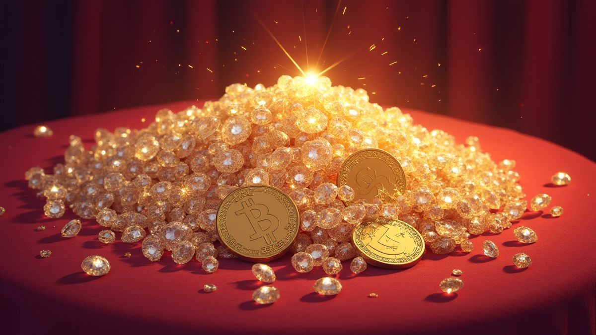 Image de diamants et pièces d'or sur une table en velours.