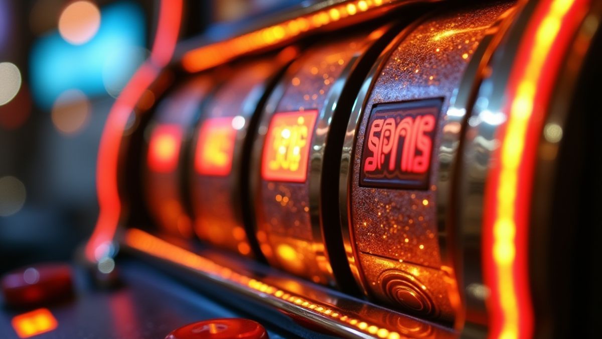 Image d'une machine à sous avec des détails dorés et des lumières scintillantes.