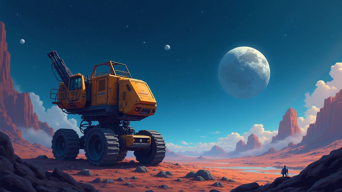 Futuristische mijnbouwrobot die werkt op een asteroïde onder een sterrenhemel.