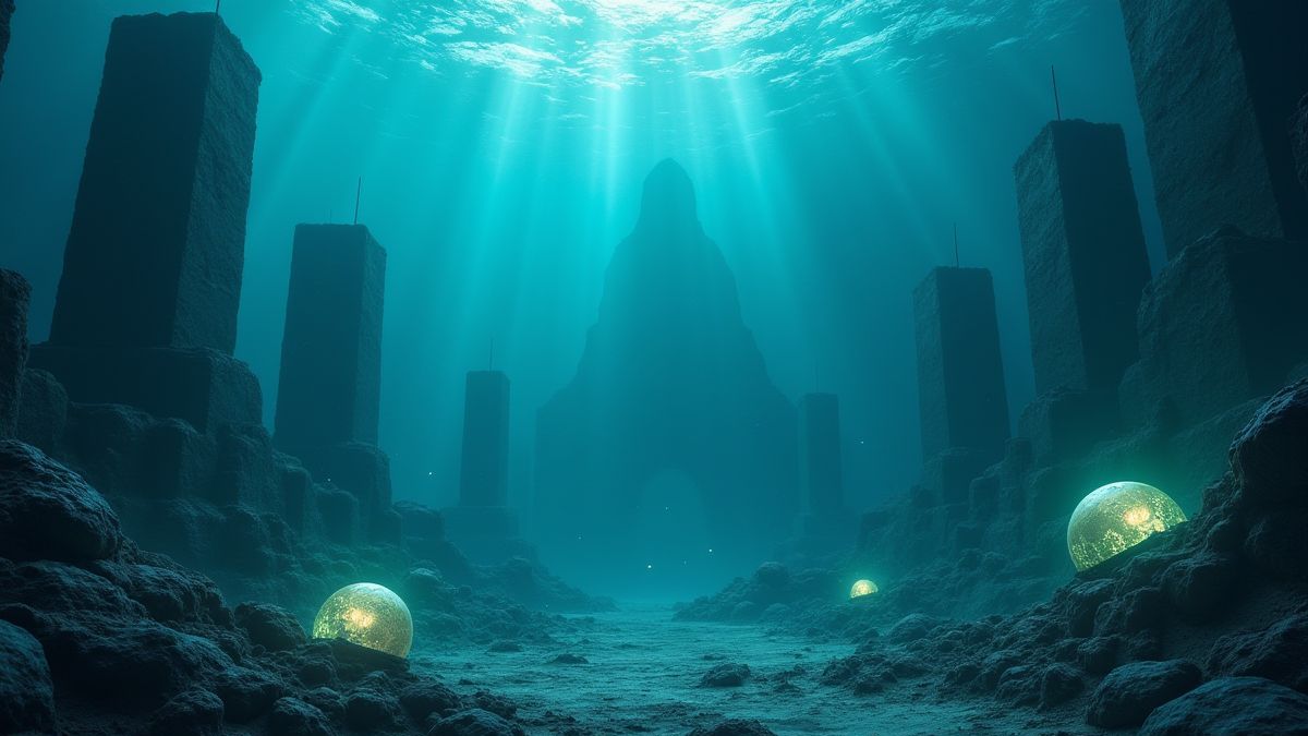 Una escena submarina con orbes brillantes y ruinas antiguas.