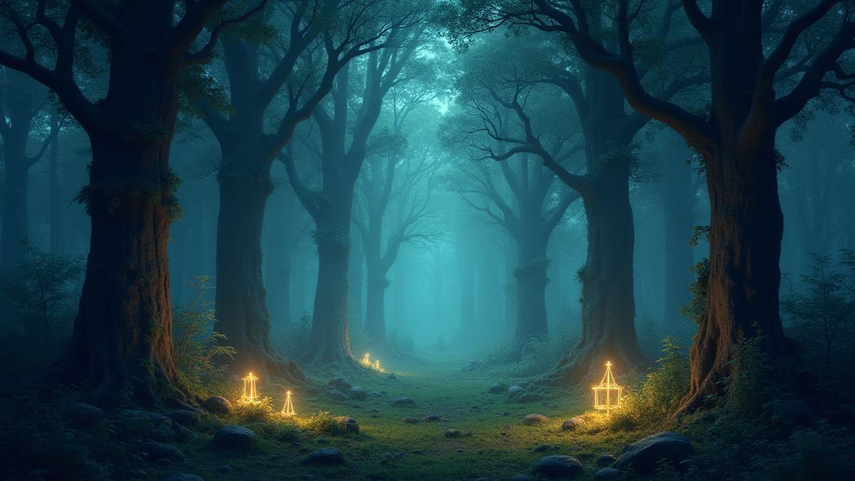 Ein magischer Wald mit leuchtenden Runen und mystischen Kreaturen.