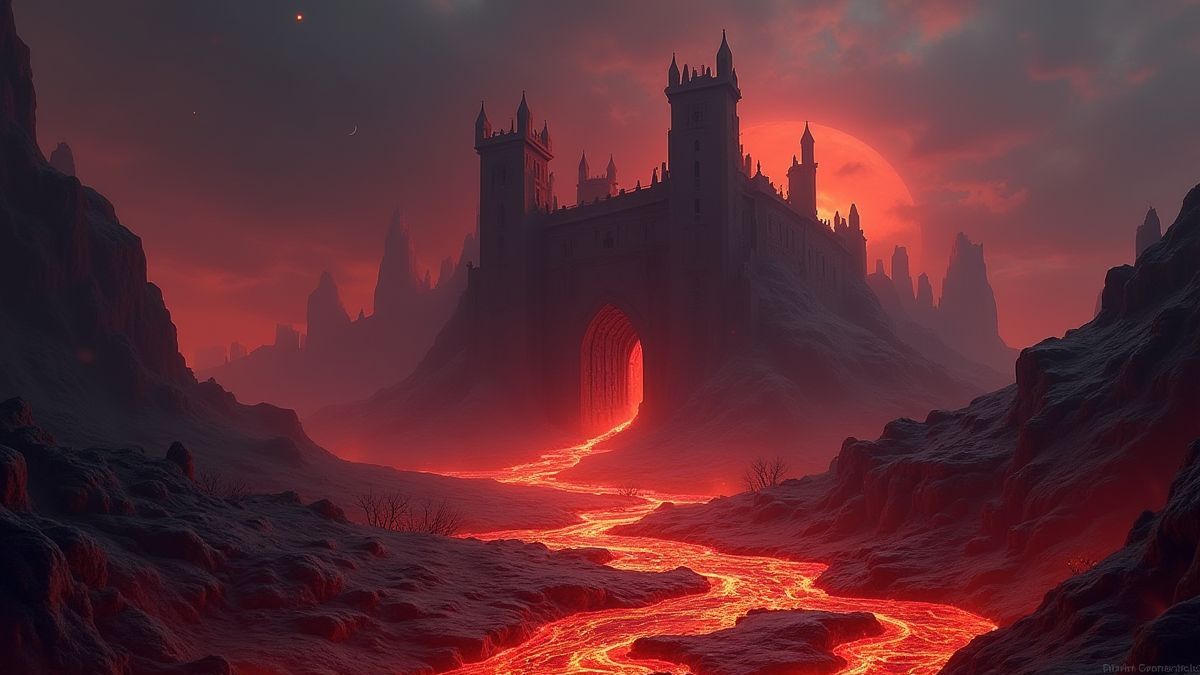 Eine dunkle Festung umgeben von geschmolzenem Lava für den Ork-Pfad.
