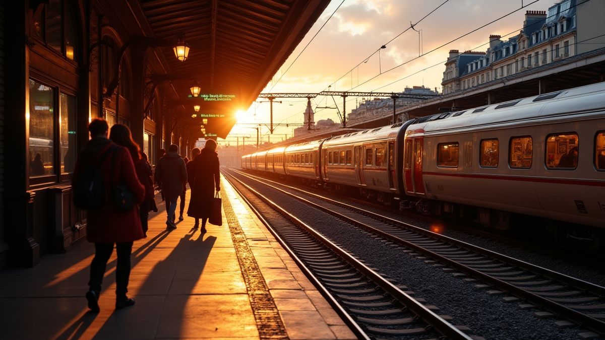 Elegant train station in Paris at sunset.
