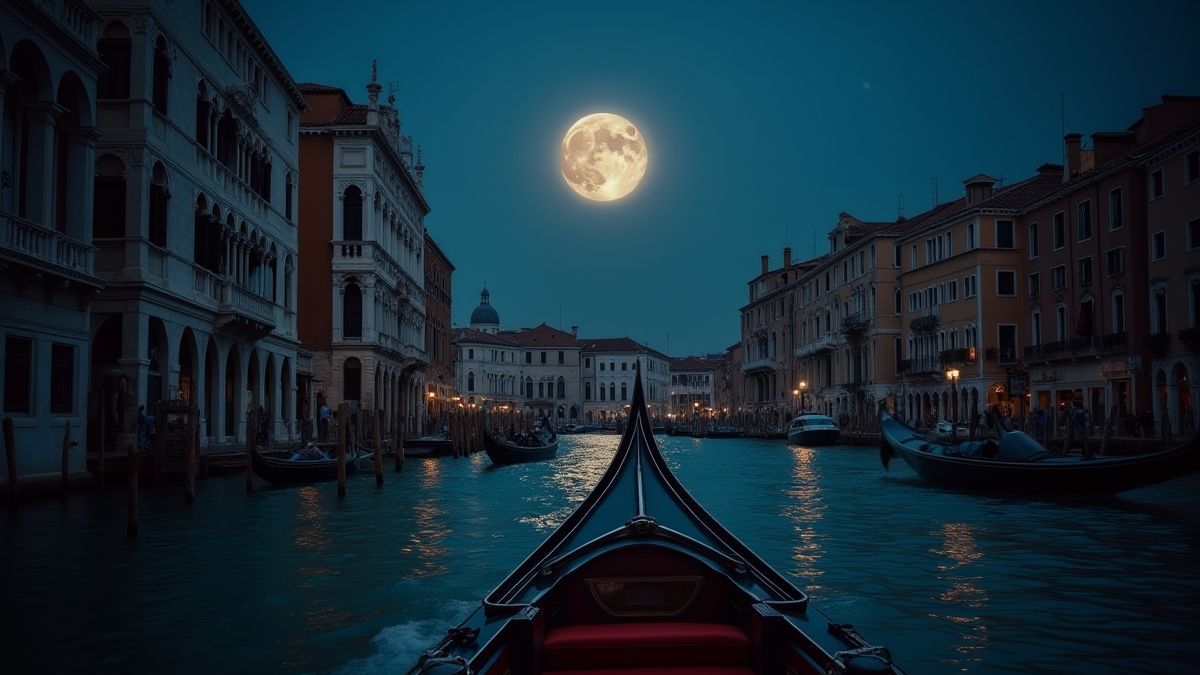 Gondola navigating the canals of Venice under the full moon.