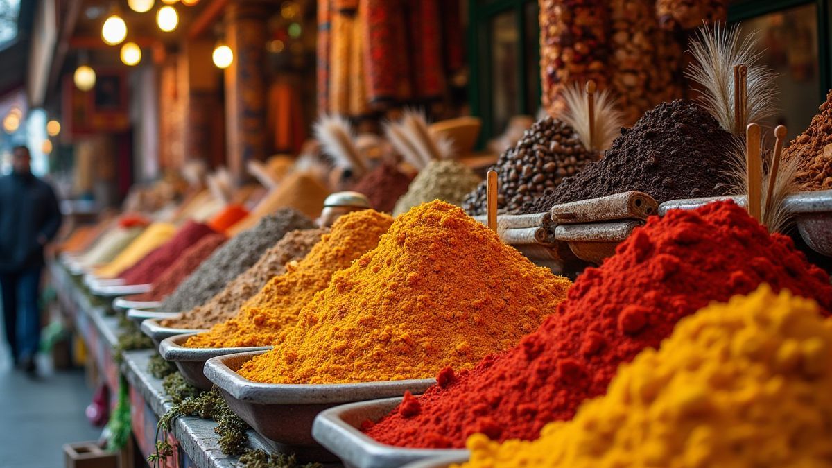 Lively market in Istanbul with spices and textiles.
