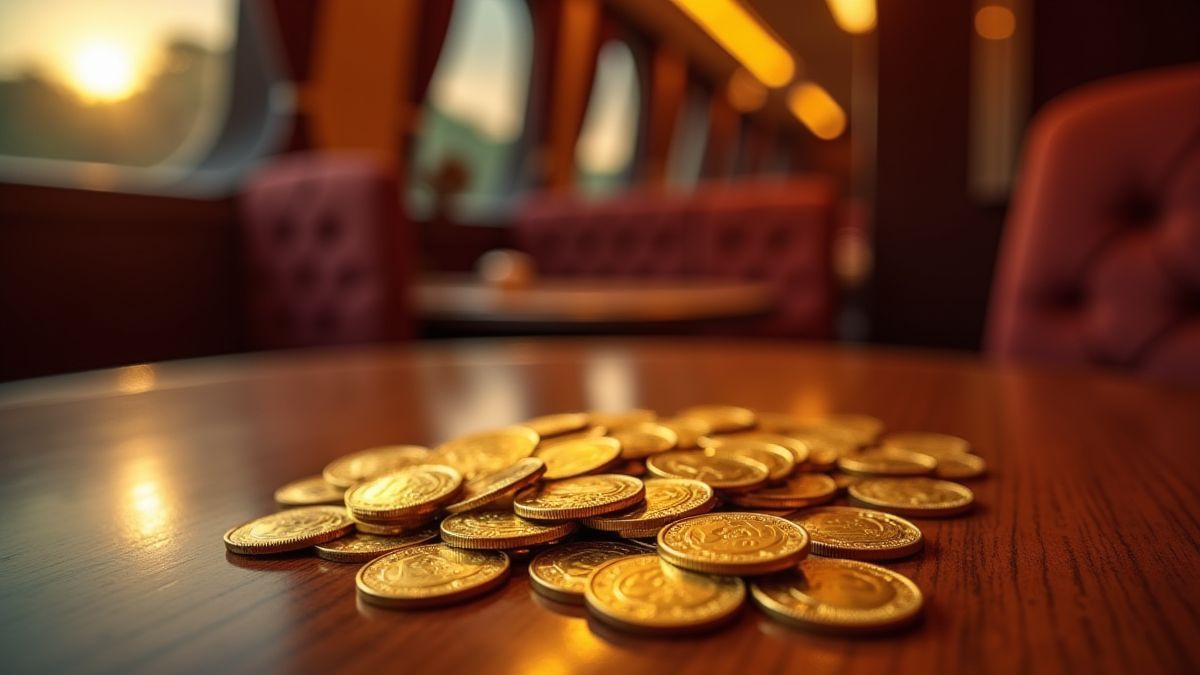Des pièces dorées sur une table dans un train élégant.