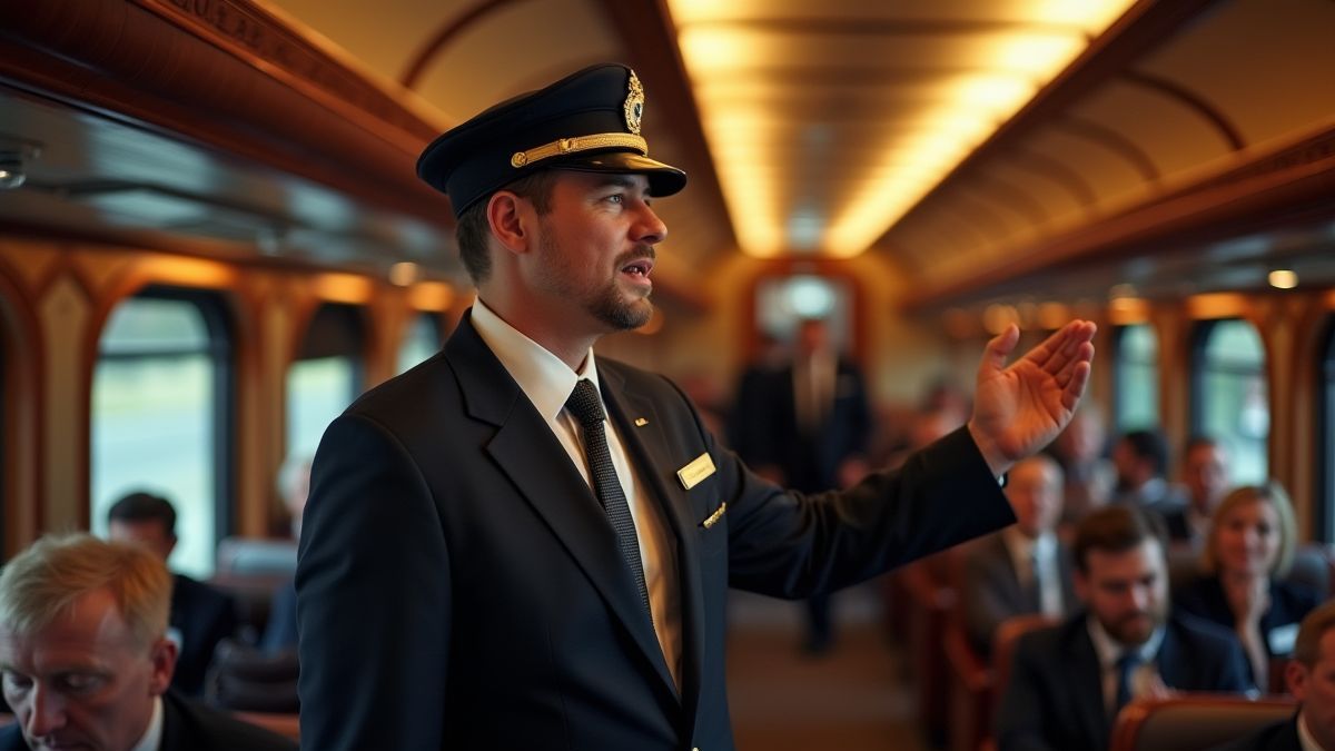 Un conducteur de train accueillant les passagers.