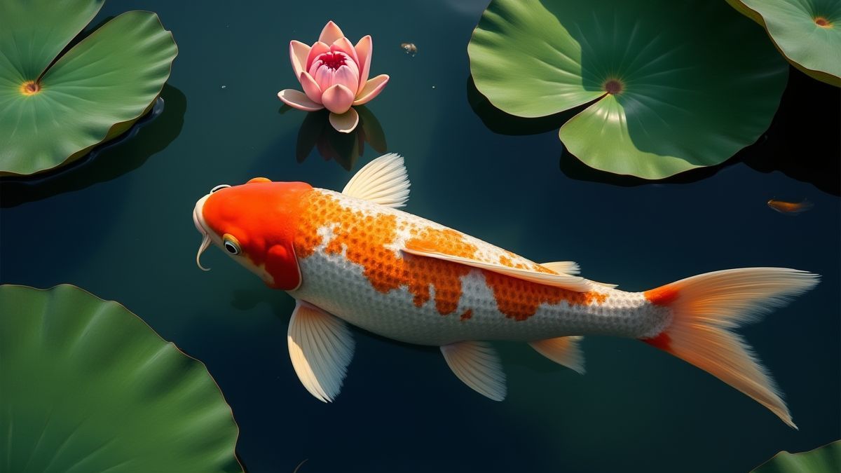 Ein Koi-Fisch, der in einem Teich schwimmt, der von Lotusblumen umgeben ist.