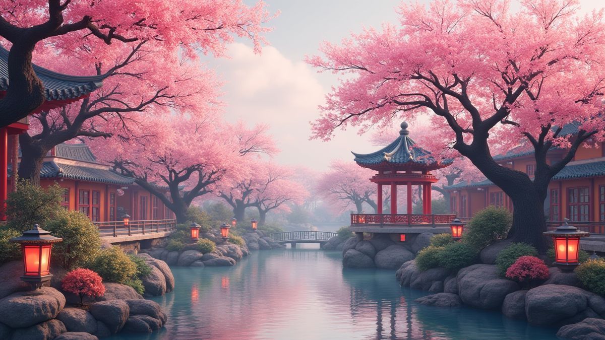 Ein ruhiger asiatischer Garten mit blühenden Kirschbäumen und Laternen.