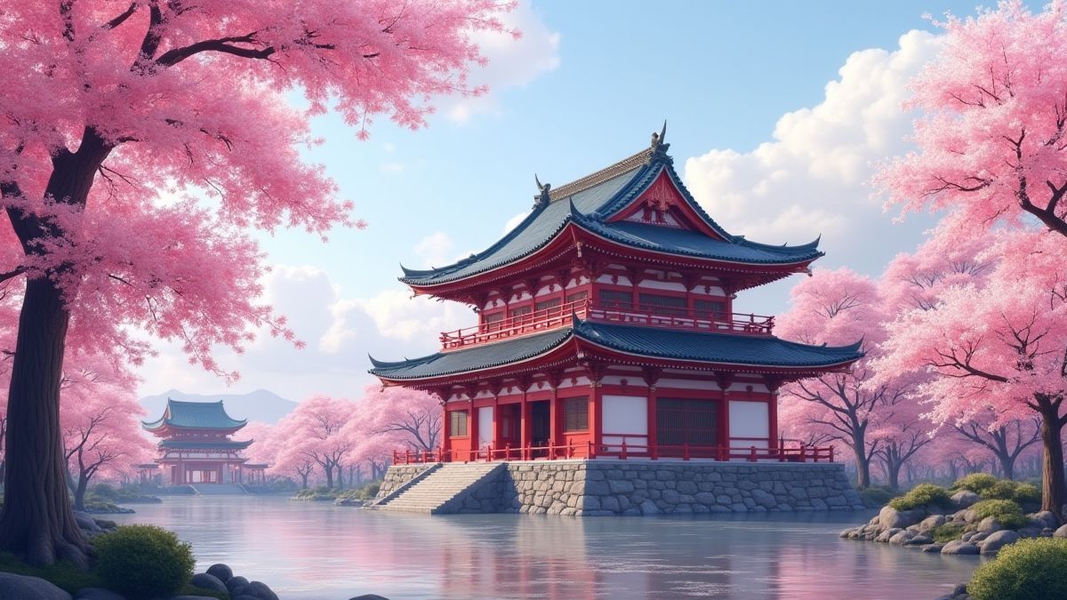 Oriental temple surrounded by cherry blossoms and a tranquil landscape.