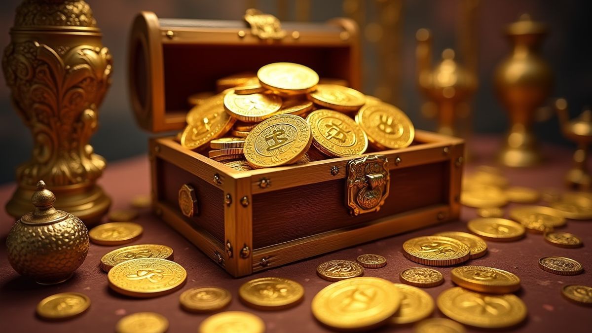 Golden coins and a treasure chest surrounded by oriental artifacts.