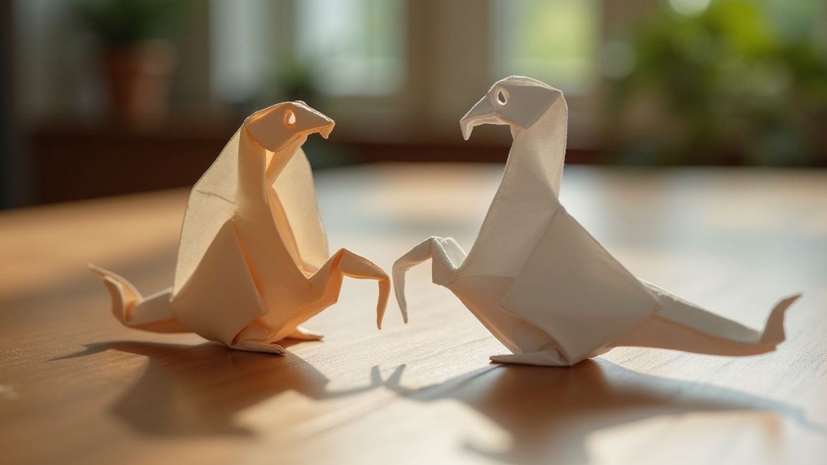 Origami-Figuren auf einem Holztisch mit sanfter Beleuchtung.
