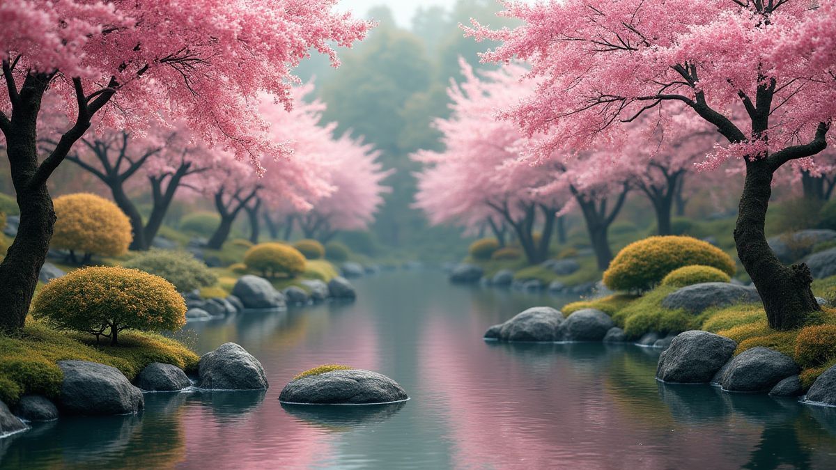 Ein Zen-Garten mit Kirschblüten und einem Koi-Teich.