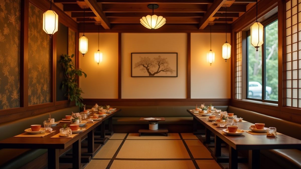 Ein japanisches Teezimmer mit Origami-Dekorationen.