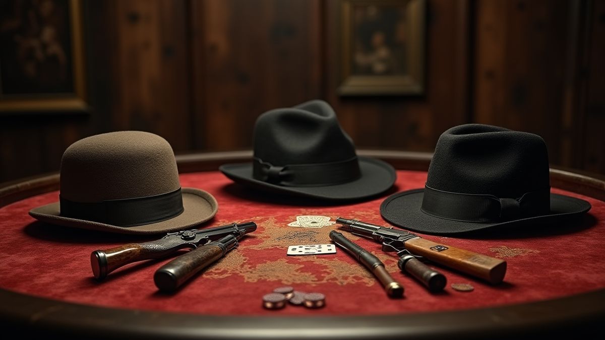 Gangster hats and classic weapons on a poker table.