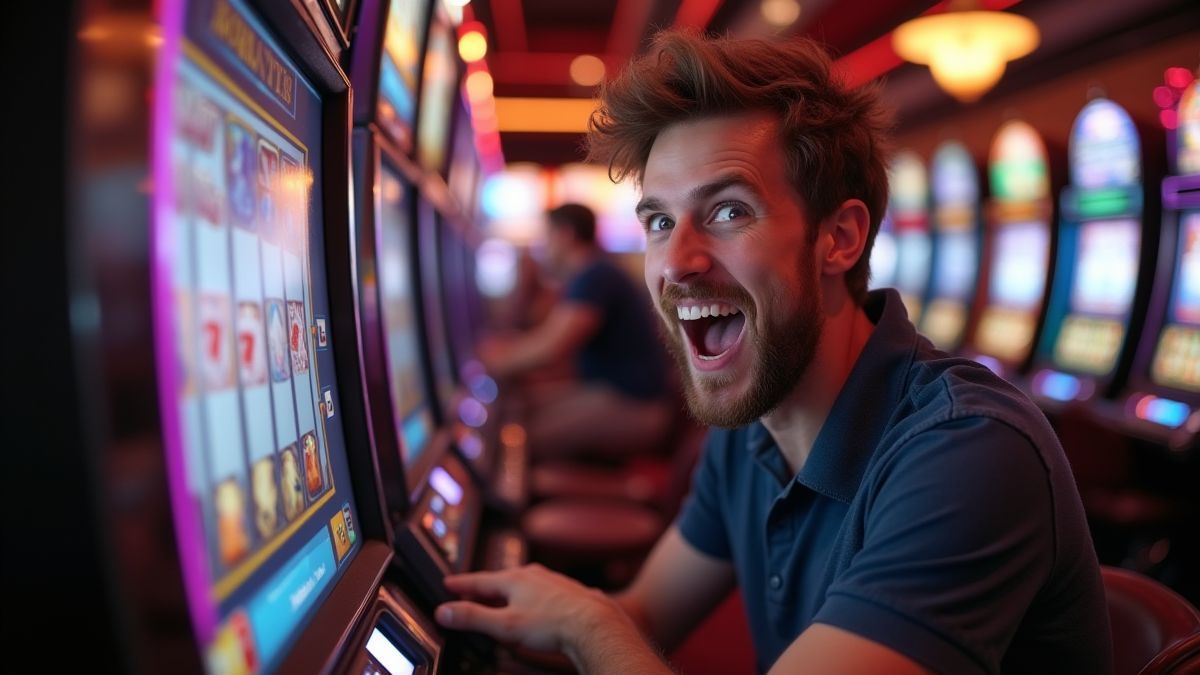 Beginner player excited while spinning a slot machine in a casino.