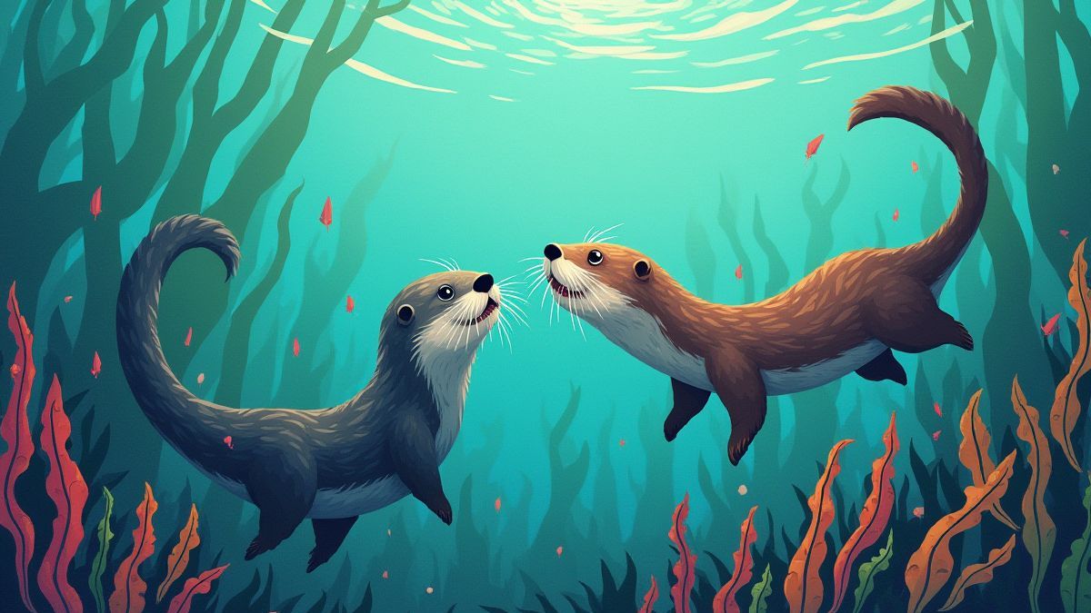 Otters playing in a colorful underwater kelp forest.