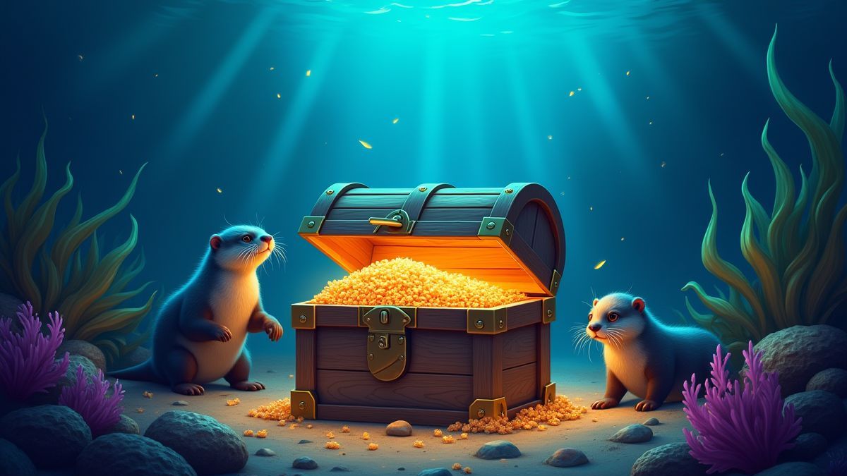 An underwater treasure chest surrounded by glowing kelp and playful otters.