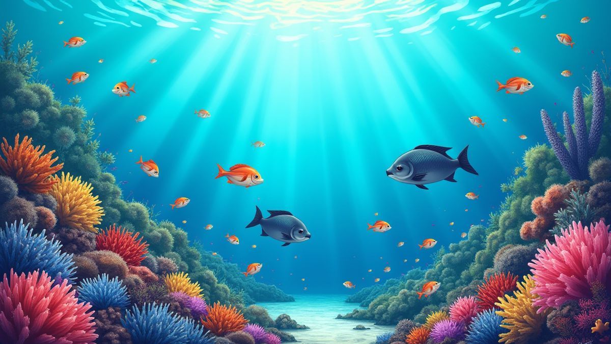 An underwater coral reef with vibrant fish and otters.